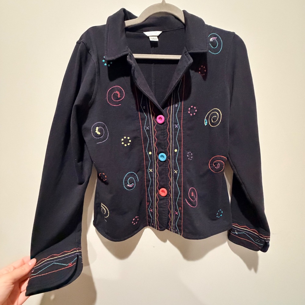 VTG Christopher Banks Embroidered Jacket Women Small Black Stretch Whimsigoth